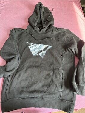 Black Graphic Pullover Hoodie with Paper Plane Print